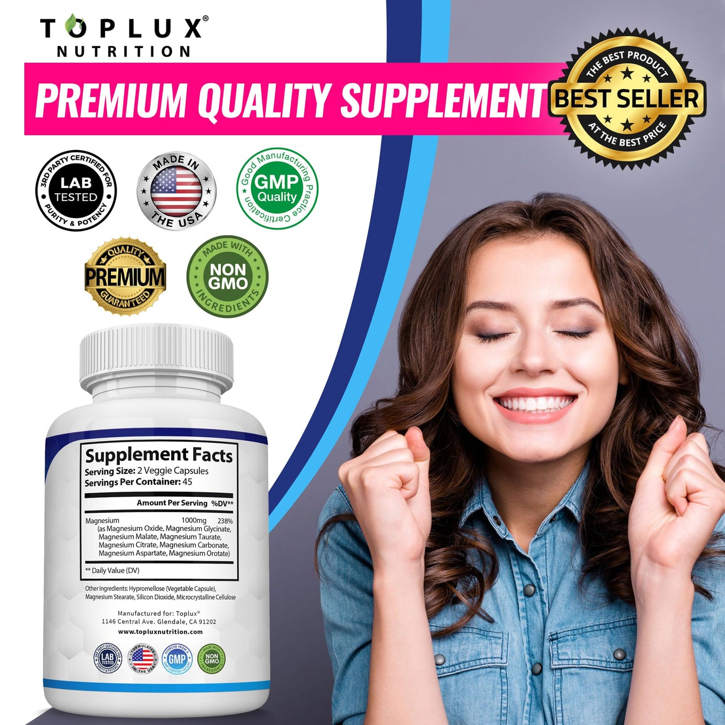 Magnesium Complex Supplement 8 Elemental 1000mg - Magnesium Glycinate, Citrate, Malate, Taurate, Chelated for Easy Absorption for Bones, Muscle, Recovery, Energy, Vegan Non-GMO 90 Capsules TopluxBuy Supplements Australia