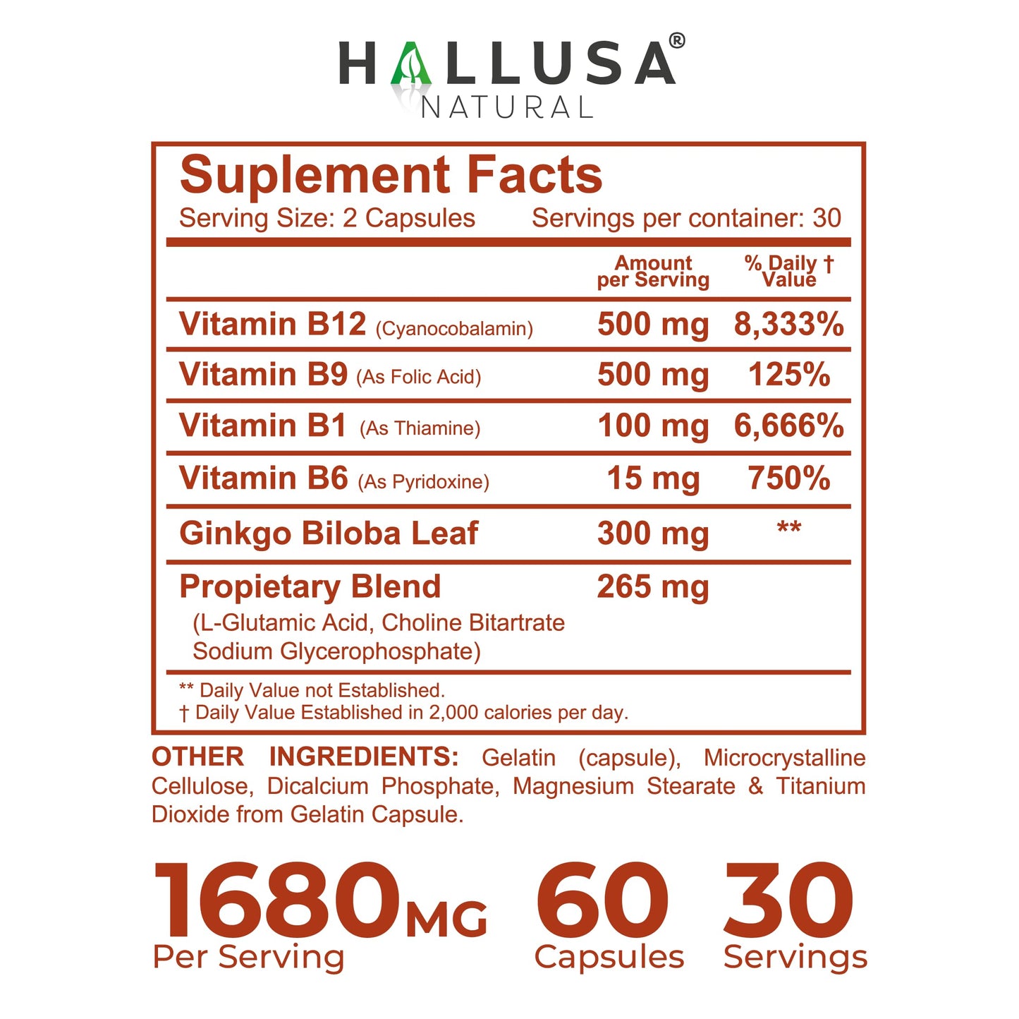 Hallusa Natural Brain Health Supplement Capsules 1680mg, Ginkgo Biloba, B Vitamins & Choline, Memory & Focus Support, Brain Booster for Men & Women, 60 Count Hallusa NaturalBuy Supplements Australia
