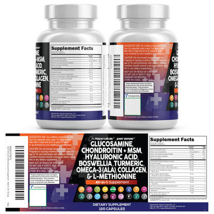 Clean Nutraceuticals Glucosamine 1500mg Chondroitin 1200mg MSM with Turmeric Curcumin, Collagen, Hyaluronic Acid, Omega 3 – Joint Health Supplement for Men & Women