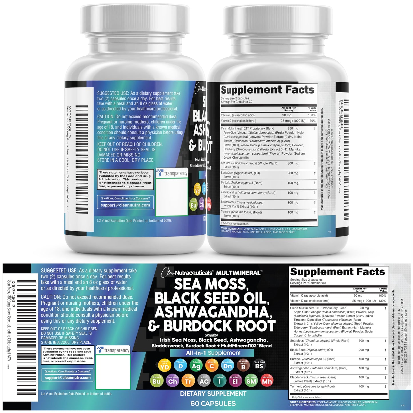Clean Nutraceuticals Sea Moss Black Seed Oil Ashwagandha Turmeric Bladderwrack Burdock & Vitamin C Vitamin D3 with Elderberry Manuka Dandelion Yellow Dock Iodine Chlorophyll ACV Clean NutraceuticalsBuy Supplements Australia