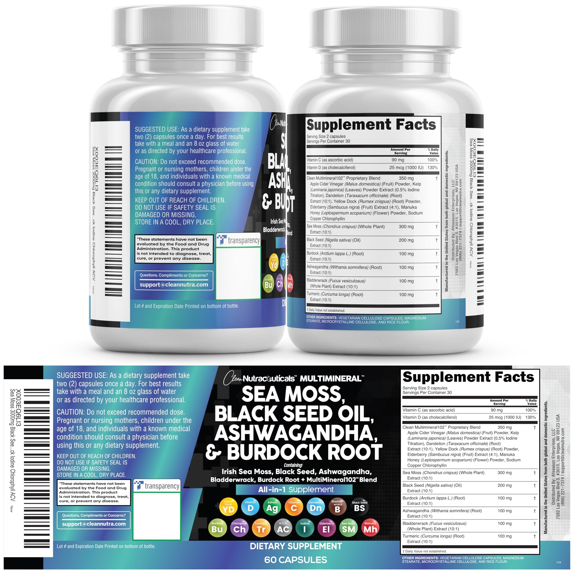 Clean Nutraceuticals Sea Moss Black Seed Oil Ashwagandha Turmeric Bladderwrack Burdock & Vitamin C Vitamin D3 with Elderberry Manuka Dandelion Yellow Dock Iodine Chlorophyll ACV Clean NutraceuticalsBuy Supplements Australia